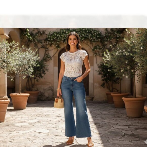 Edikted Denim - Edikted Wide Leg Jeans, Blue Washed Denim High Lace Trim "S"